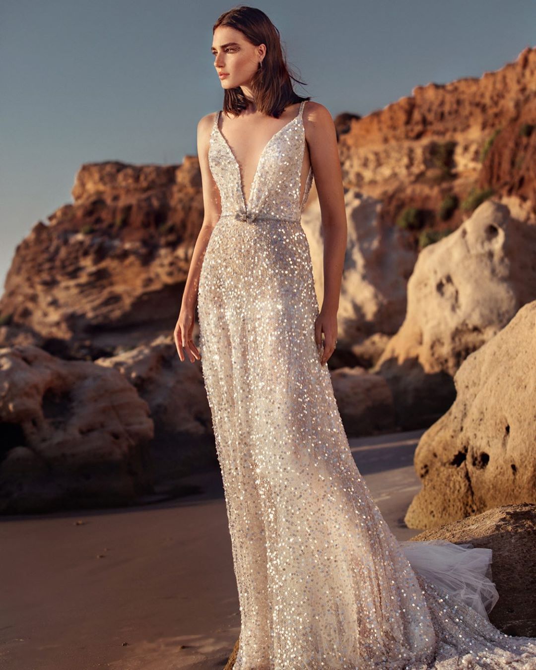 GR | V-Neck Sleeveless Waist Collection Silver Sequin Slip Dress