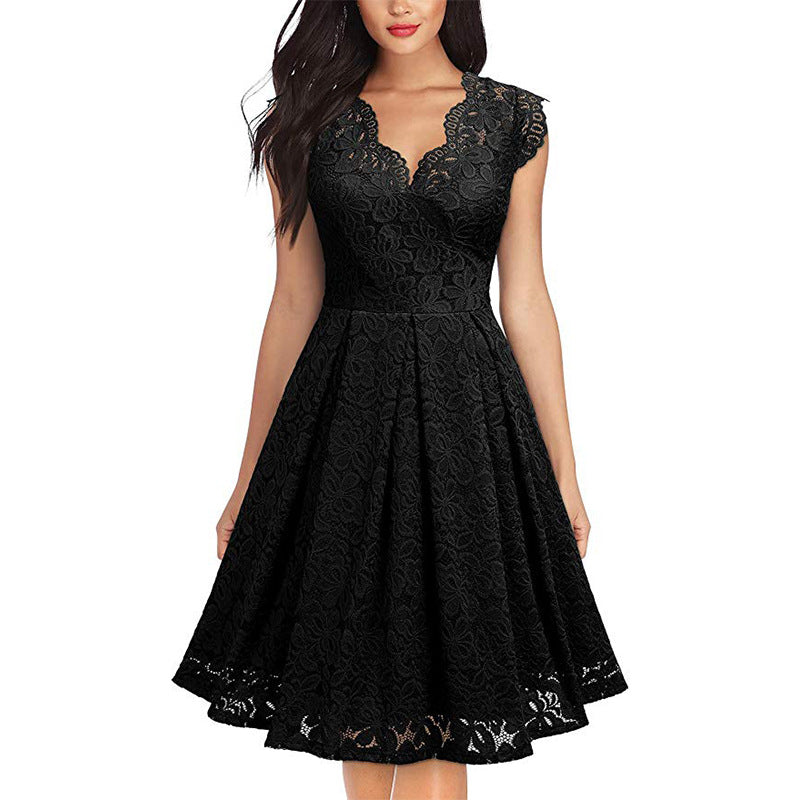 Women's lace dress with V-neck and flared skirt, size