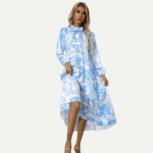 GR | Toile-Druck Midi-Kleid mit hohem Kragen