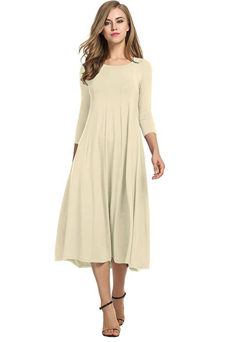 GR | Quadrat-Ausschnitt 3/4-Lange Uni-Farbe Midi-Kleid
