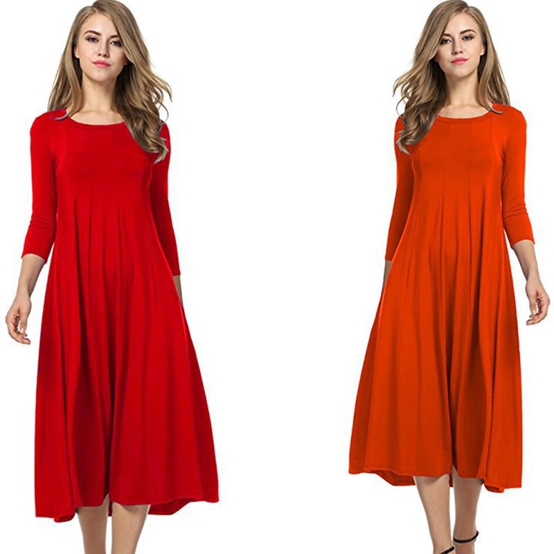 GR | Quadrat-Ausschnitt 3/4-Lange Uni-Farbe Midi-Kleid
