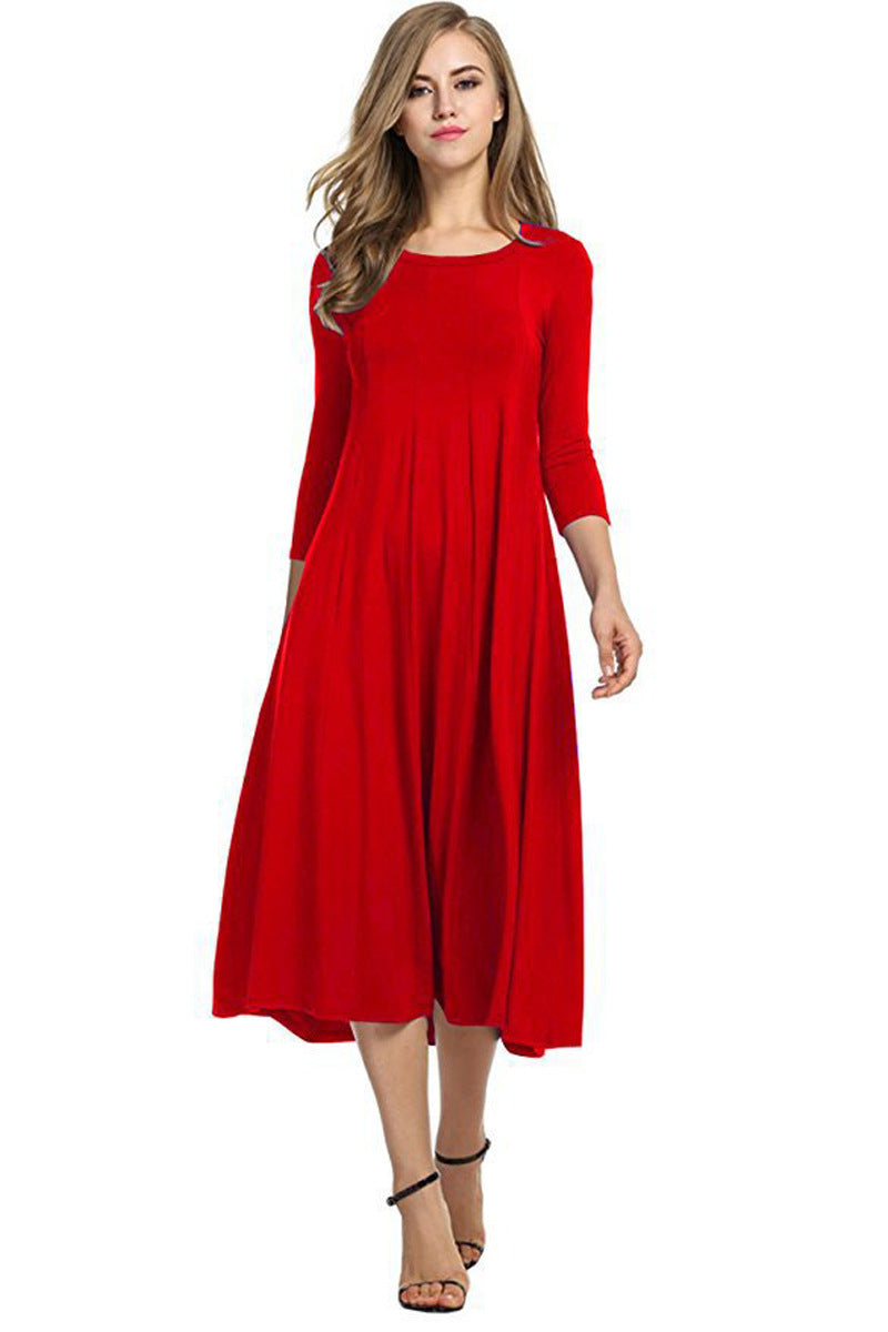 GR | Quadrat-Ausschnitt 3/4-Lange Uni-Farbe Midi-Kleid