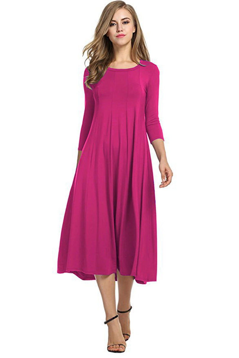 GR | Quadrat-Ausschnitt 3/4-Lange Uni-Farbe Midi-Kleid