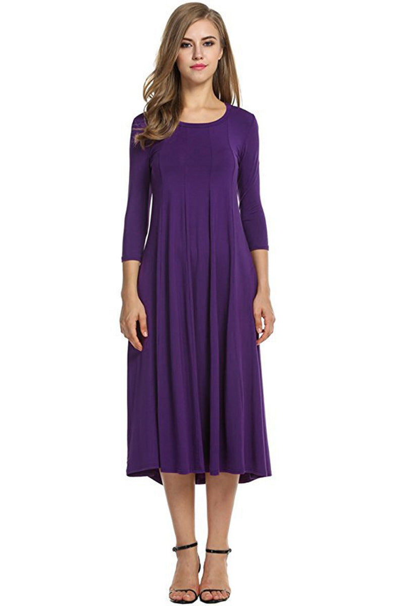 GR | Quadrat-Ausschnitt 3/4-Lange Uni-Farbe Midi-Kleid