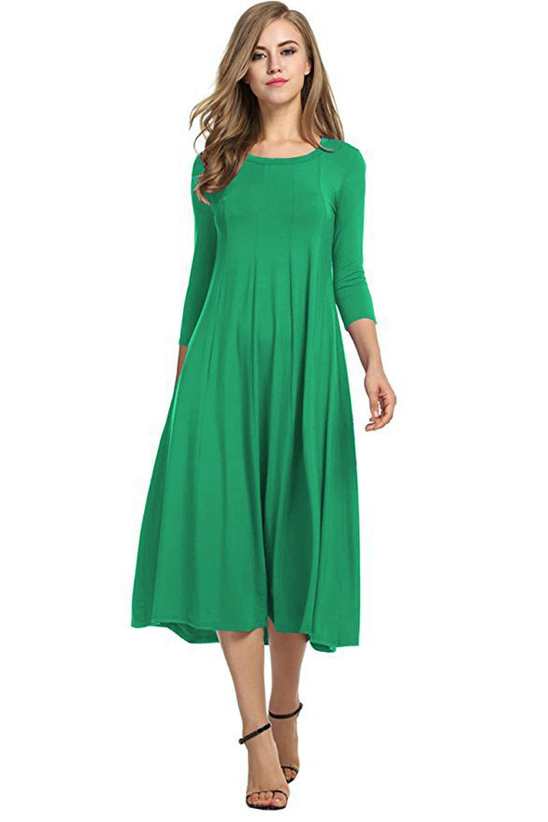 GR | Quadrat-Ausschnitt 3/4-Lange Uni-Farbe Midi-Kleid