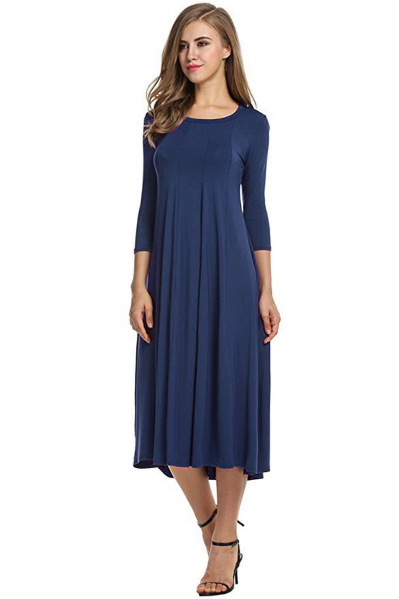 GR | Quadrat-Ausschnitt 3/4-Lange Uni-Farbe Midi-Kleid