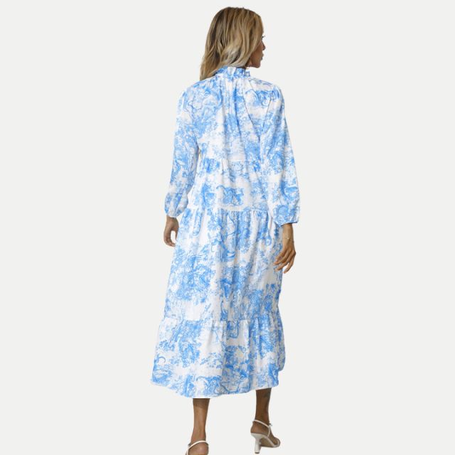GR | Toile-Druck Midi-Kleid mit hohem Kragen
