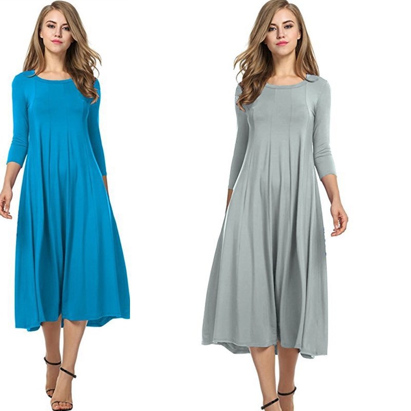 GR | Quadrat-Ausschnitt 3/4-Lange Uni-Farbe Midi-Kleid