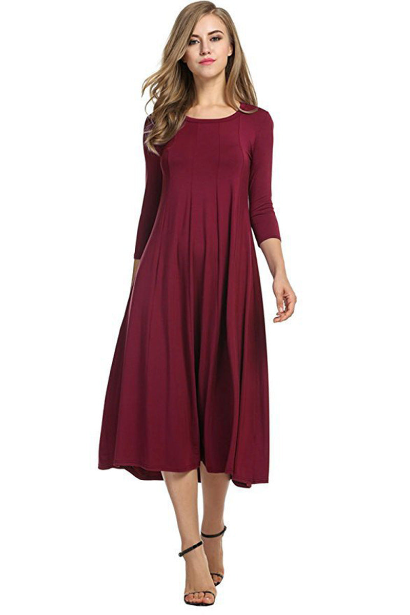 GR | Quadrat-Ausschnitt 3/4-Lange Uni-Farbe Midi-Kleid