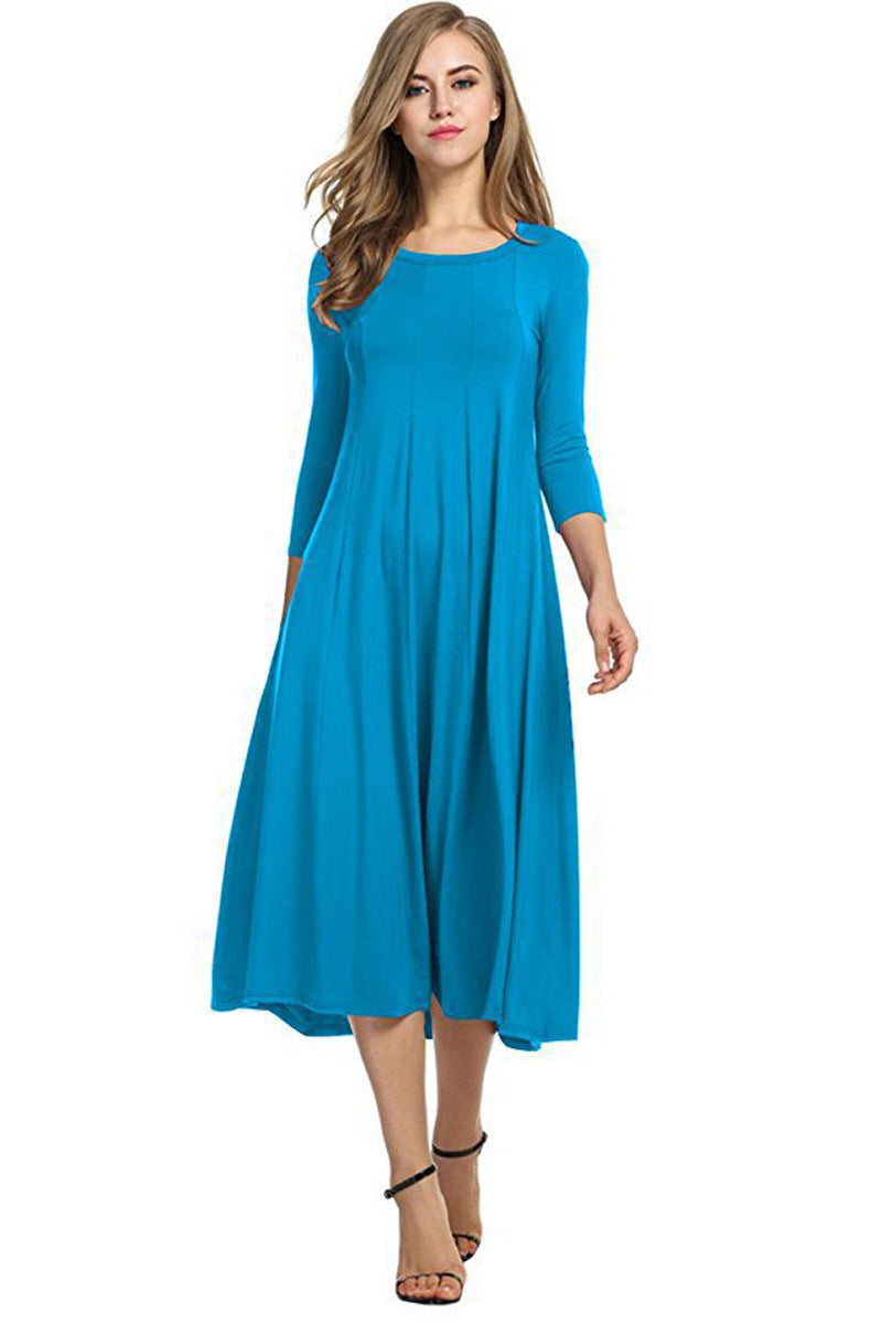 GR | Quadrat-Ausschnitt 3/4-Lange Uni-Farbe Midi-Kleid