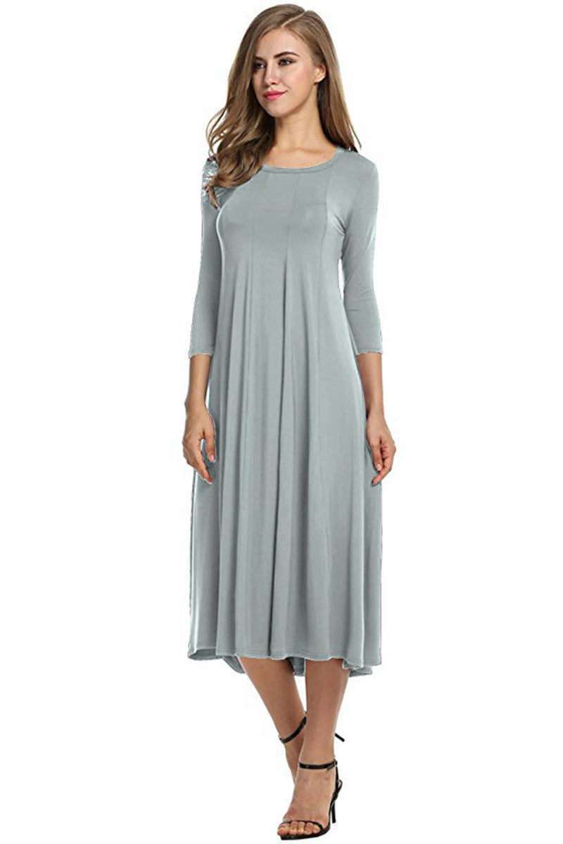 GR | Quadrat-Ausschnitt 3/4-Lange Uni-Farbe Midi-Kleid