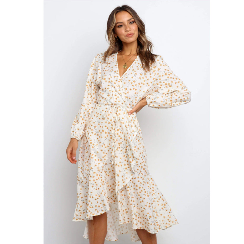 Women's wrap dress with voluminous sleeves and ruffled hem, size [size missing]