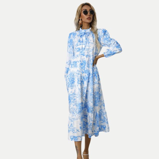GR | Toile-Druck Midi-Kleid mit hohem Kragen