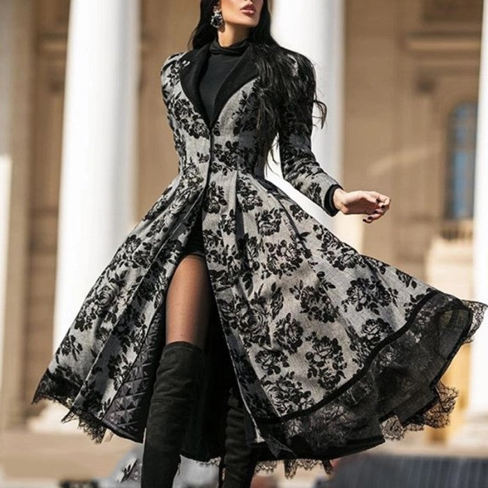 GR | Herbst Winter Spitze Einsatz Retro Lange Trenchcoat