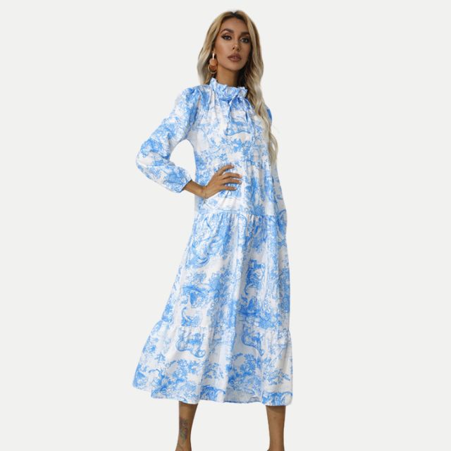GR | Toile-Druck Midi-Kleid mit hohem Kragen
