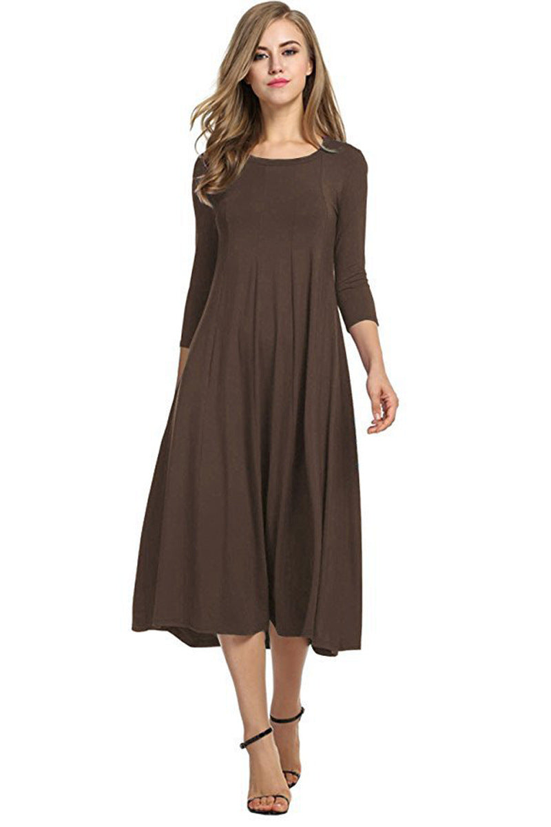 GR | Quadrat-Ausschnitt 3/4-Lange Uni-Farbe Midi-Kleid