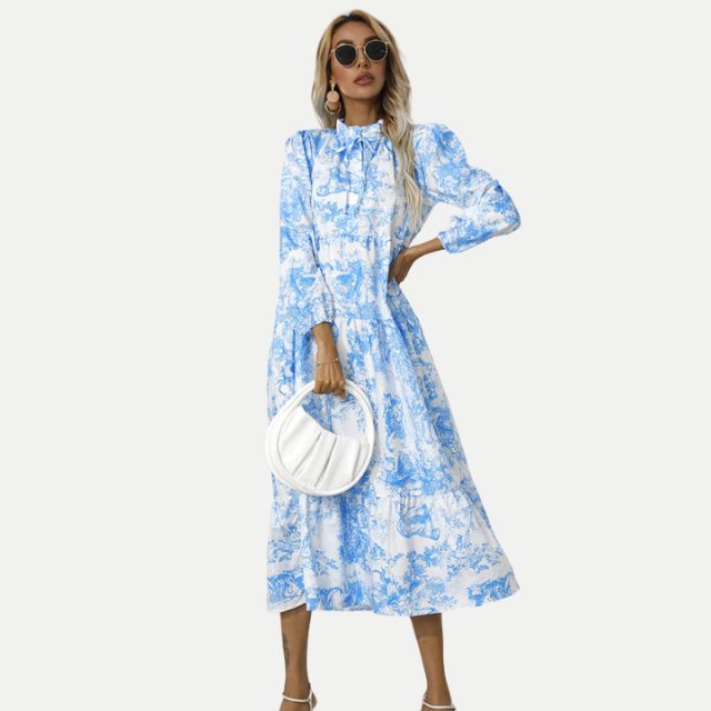 GR | Toile-Druck Midi-Kleid mit hohem Kragen