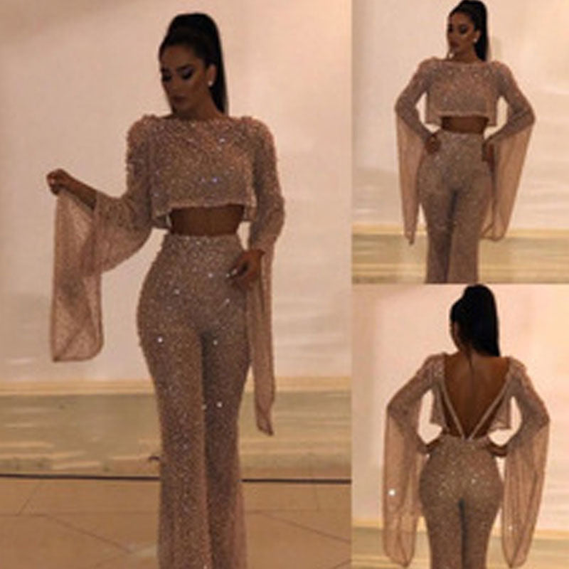 GR | Sexy Long Sleeve Backless Jumpsuit & High-Waisted Trousers 