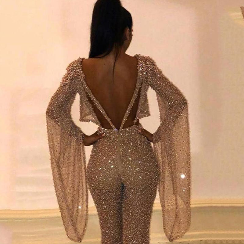 GR | Sexy Long Sleeve Backless Jumpsuit & High-Waisted Trousers 