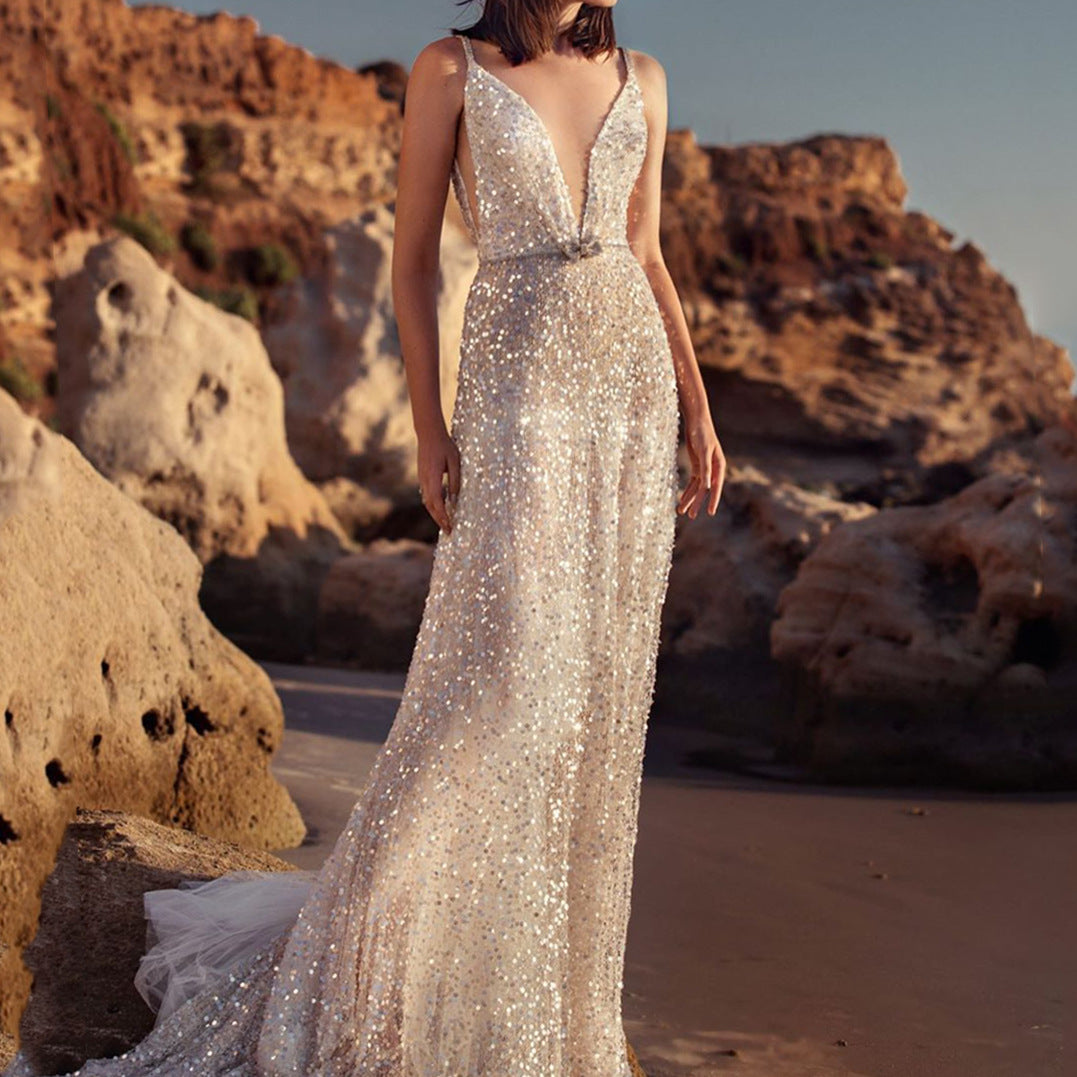 GR | V-Neck Sleeveless Waist Collection Silver Sequin Slip Dress