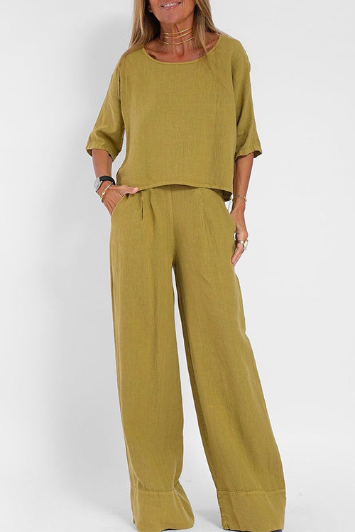 GR | Rosiedress Round Neck 3/4 Sleeve Pullover Wide Leg Trousers Cotton Linen Set