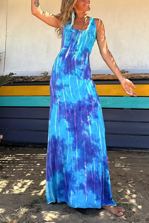 GR | Scoop Neck Backless Criss Cross Tie Dye Maxi Dress