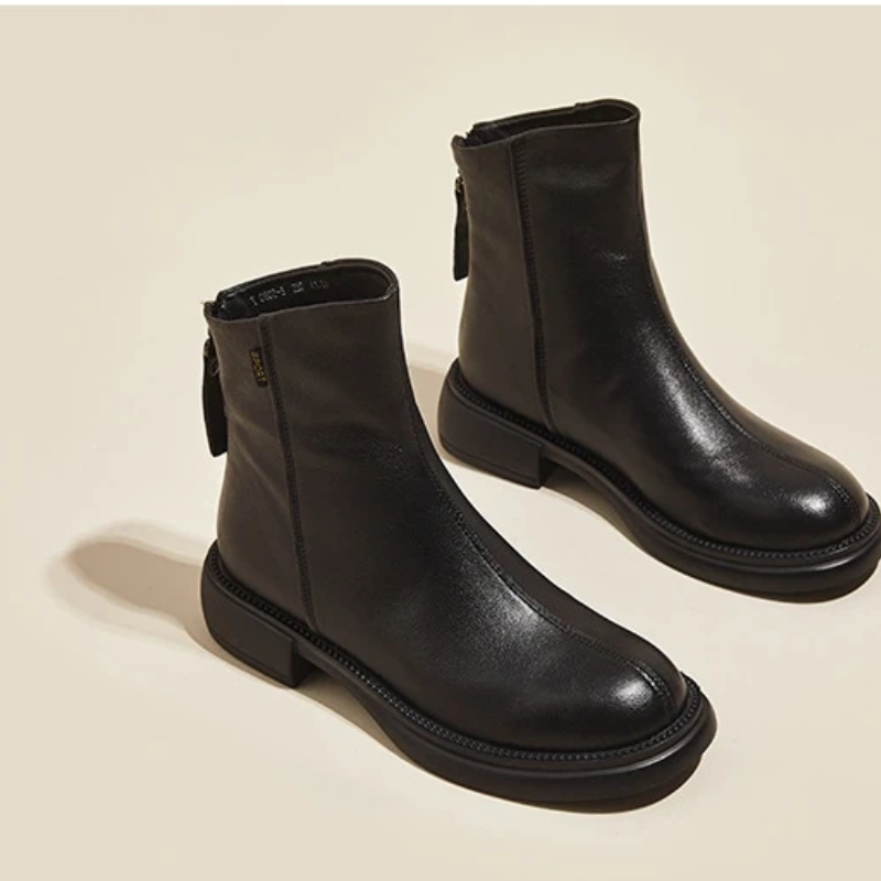 GR | Women's Leather Ankle Boots with Back Zipper and Low Heel