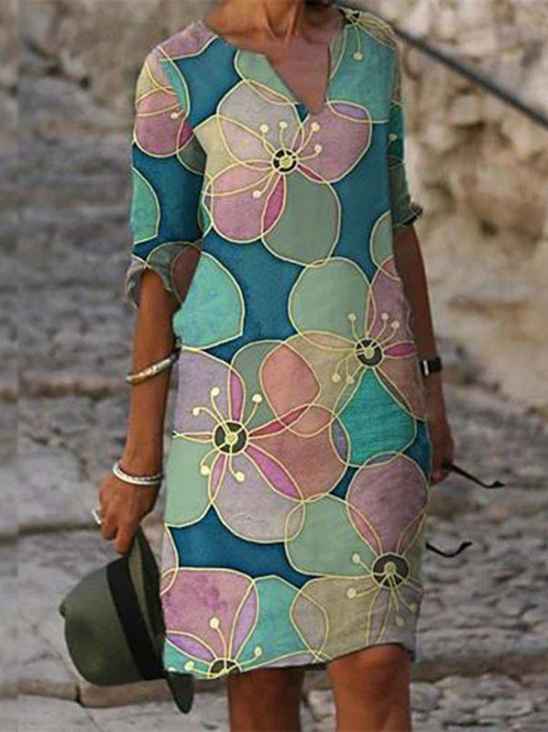 GR | Charming linen dress with floral print