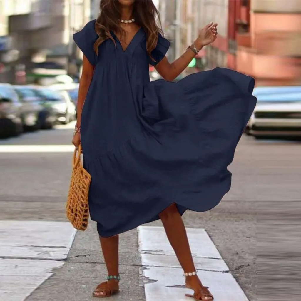 GR – Maxi-style shirt dress with V-neck and ruffles