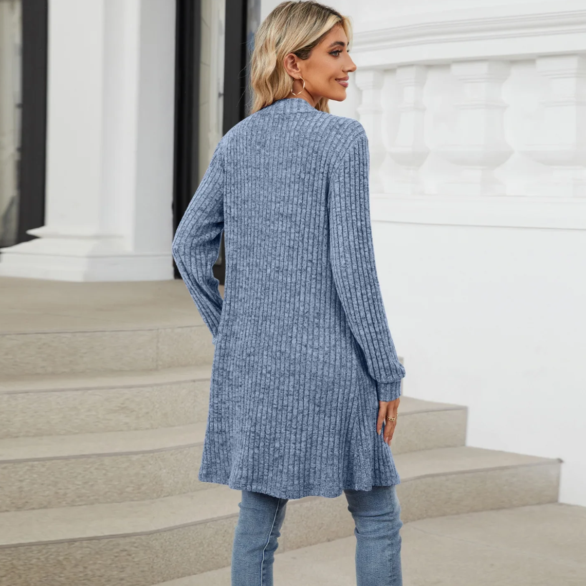 GR | Lange Strickjacken Damen Gerippte Offene Vorderseite Jacke mit Taschen
