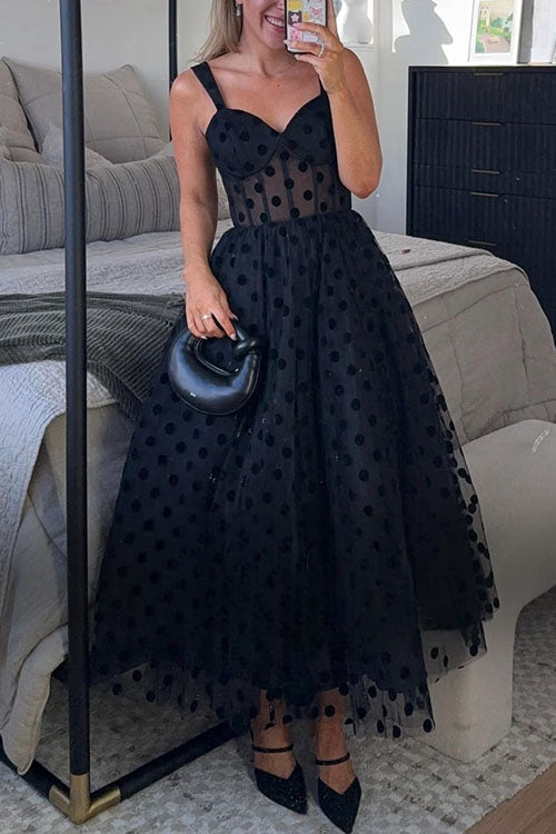 GR | Rosiekleid V-Ausschnitt Polka Dot Mesh A-Linie Midi Cami Kleid