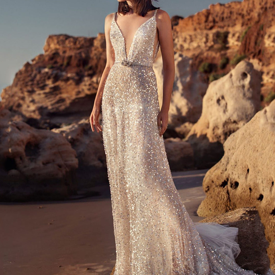 GR | V-Neck Sleeveless Waist Collection Silver Sequin Slip Dress