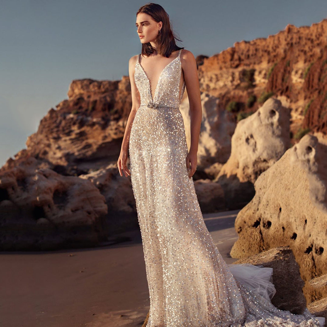 GR | V-Neck Sleeveless Waist Collection Silver Sequin Slip Dress