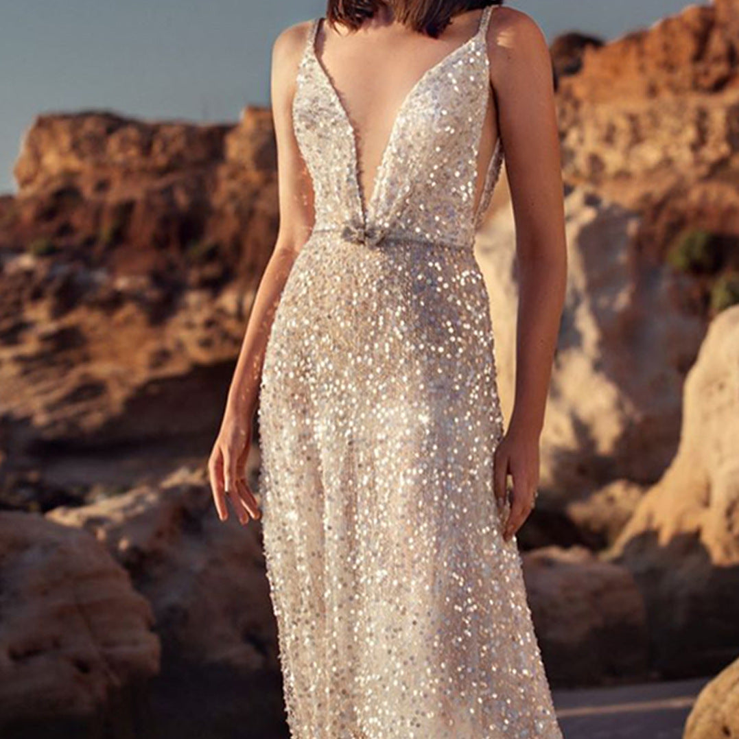 GR | V-Neck Sleeveless Waist Collection Silver Sequin Slip Dress