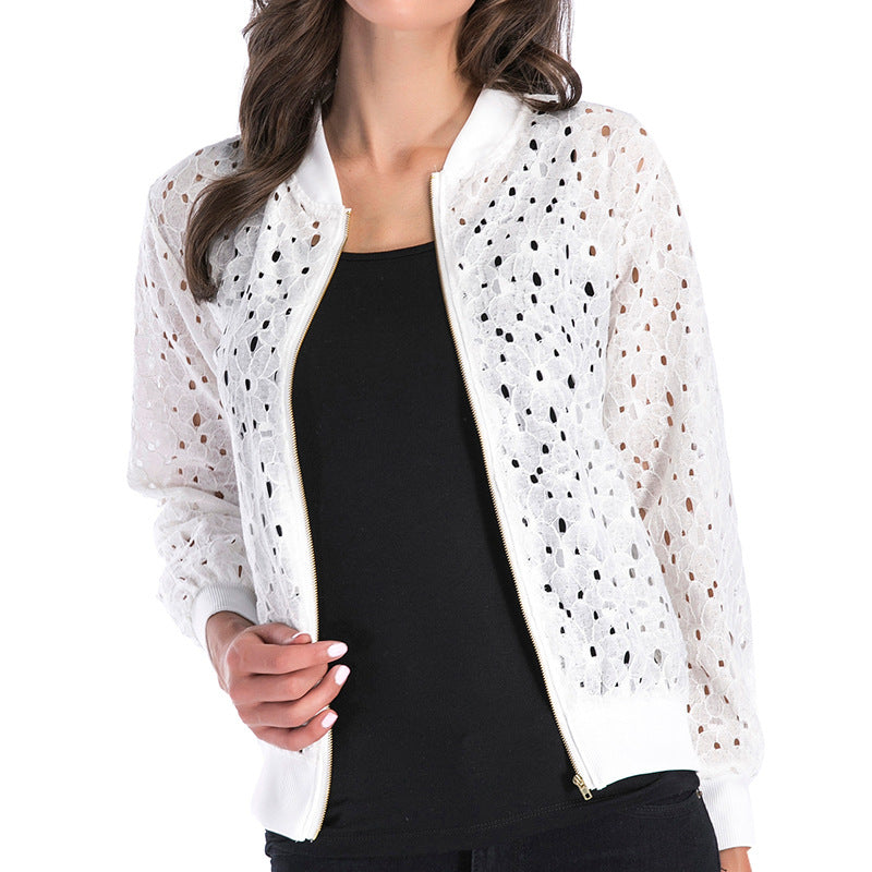 Women's airy blouson jacket with stylish openwork pattern, size