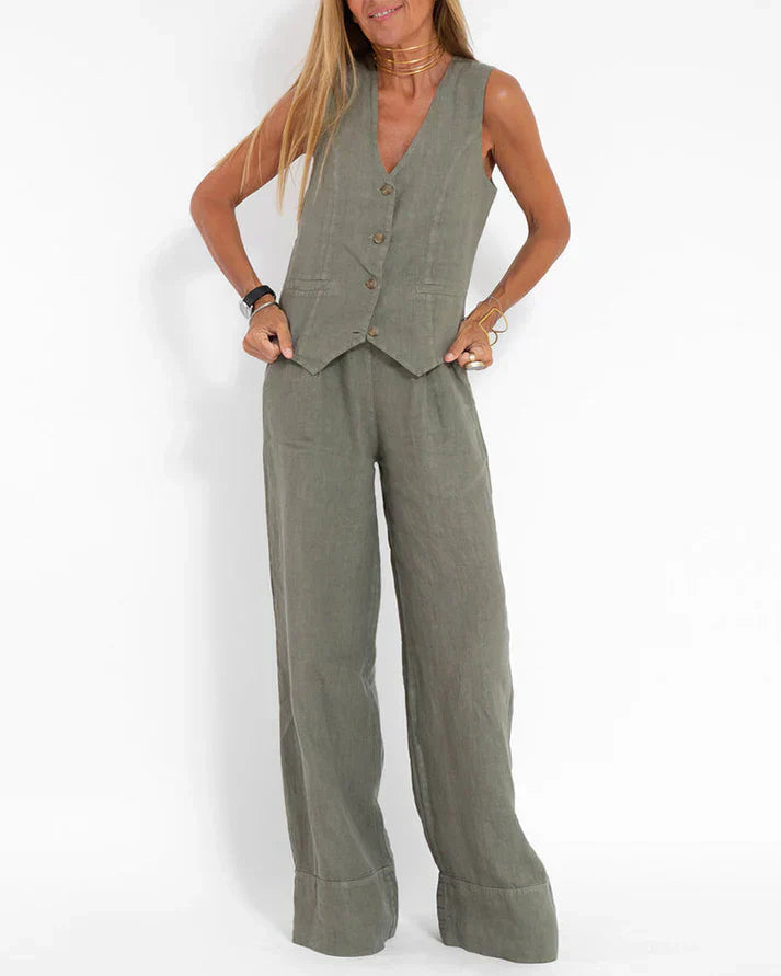GR | Elegant 2-piece set consisting of wide linen trousers and vest