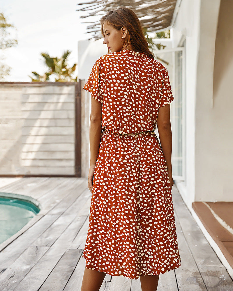 GR | Lässiger Polka Dot V-Ausschnitt Kurzarm Midi Kleid