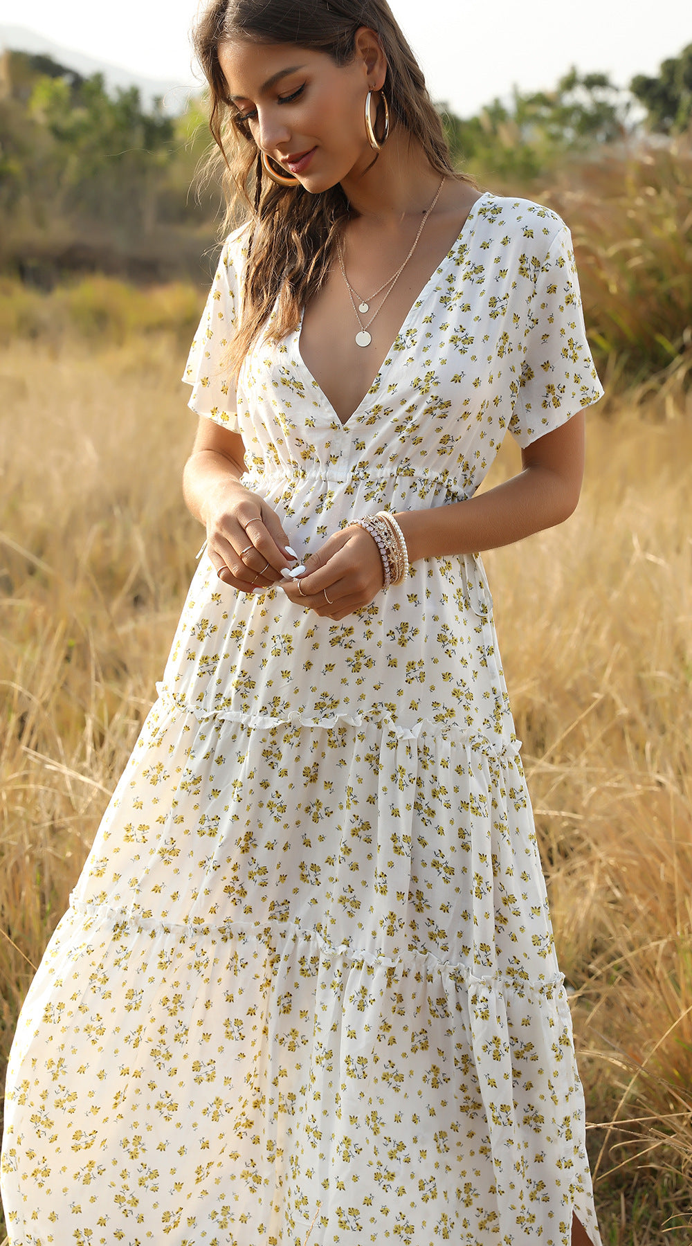 GR | Summer Floral Pattern Ruffled Boho Maxi Dress