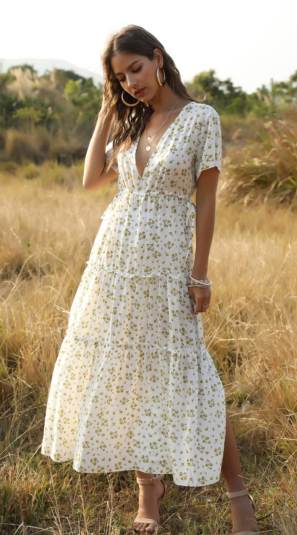 GR | Summer Floral Pattern Ruffled Boho Maxi Dress