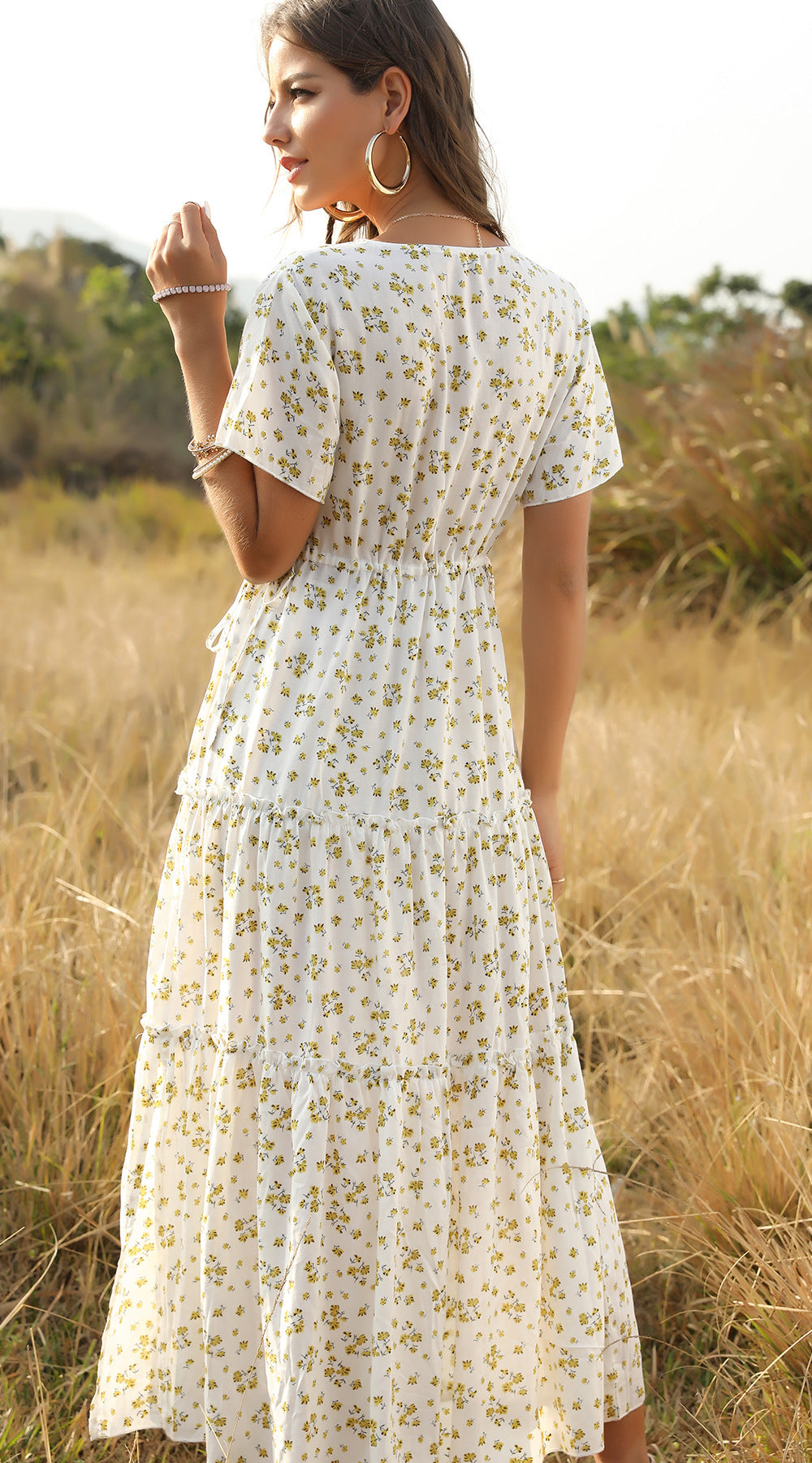 GR | Summer Floral Pattern Ruffled Boho Maxi Dress