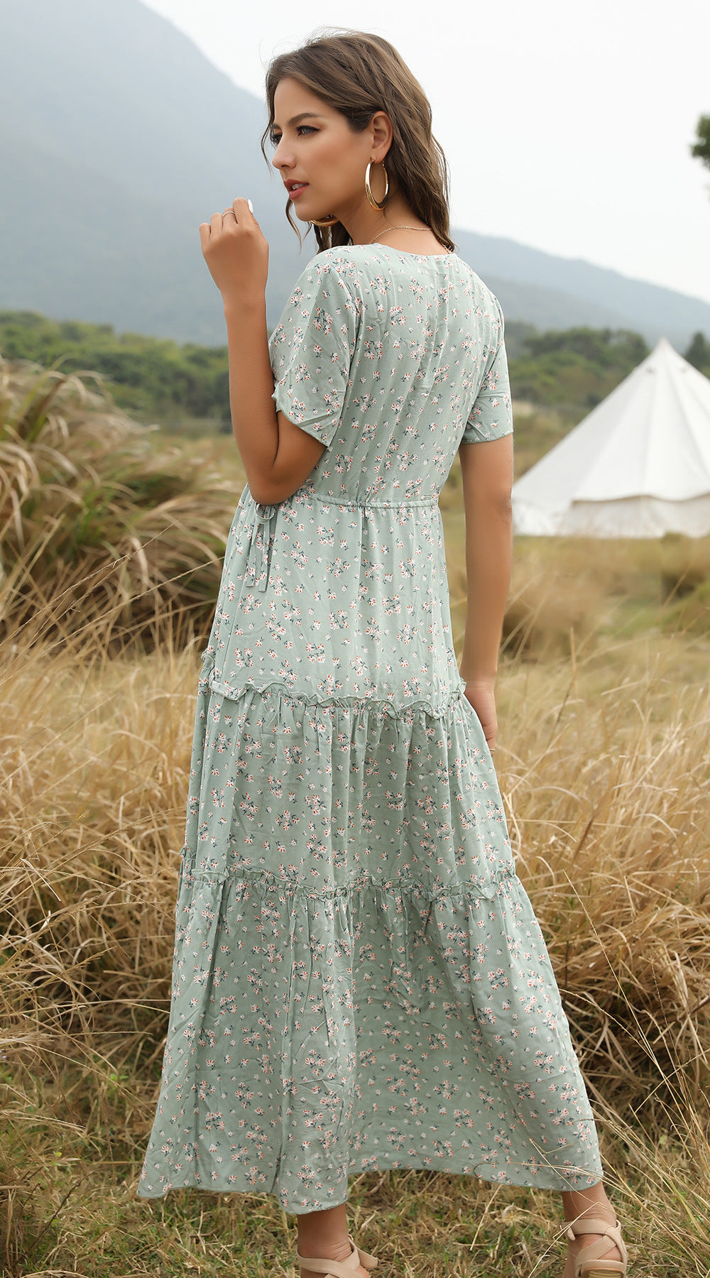 GR | Summer Floral Pattern Ruffled Boho Maxi Dress