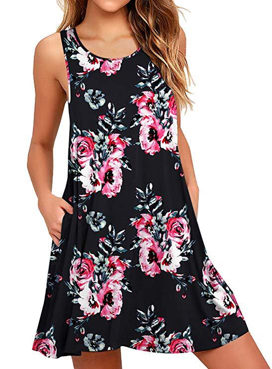 Women's sleeveless floral mini dress with practical side pockets, size