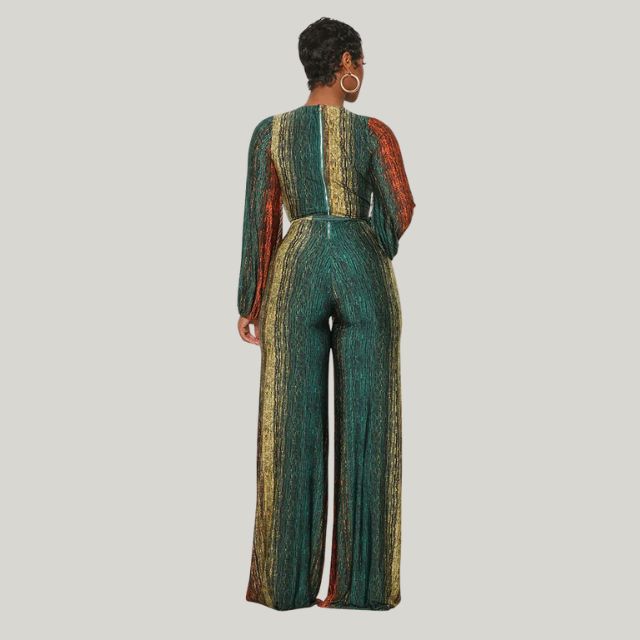 GR | Metallic pleated jumpsuit with wide leg and belt 