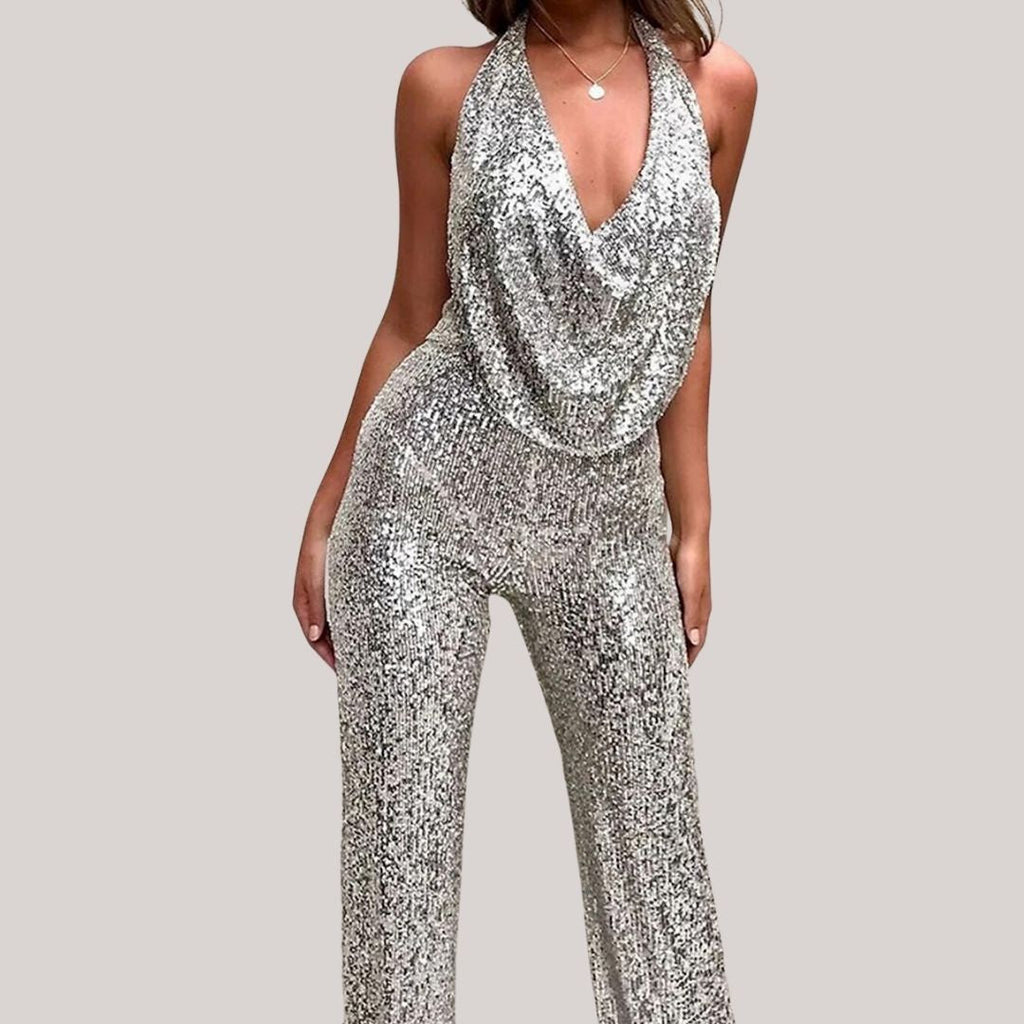 GR | Stylish Winter Chic Glitter Jumpsuit with V-Neck for Women