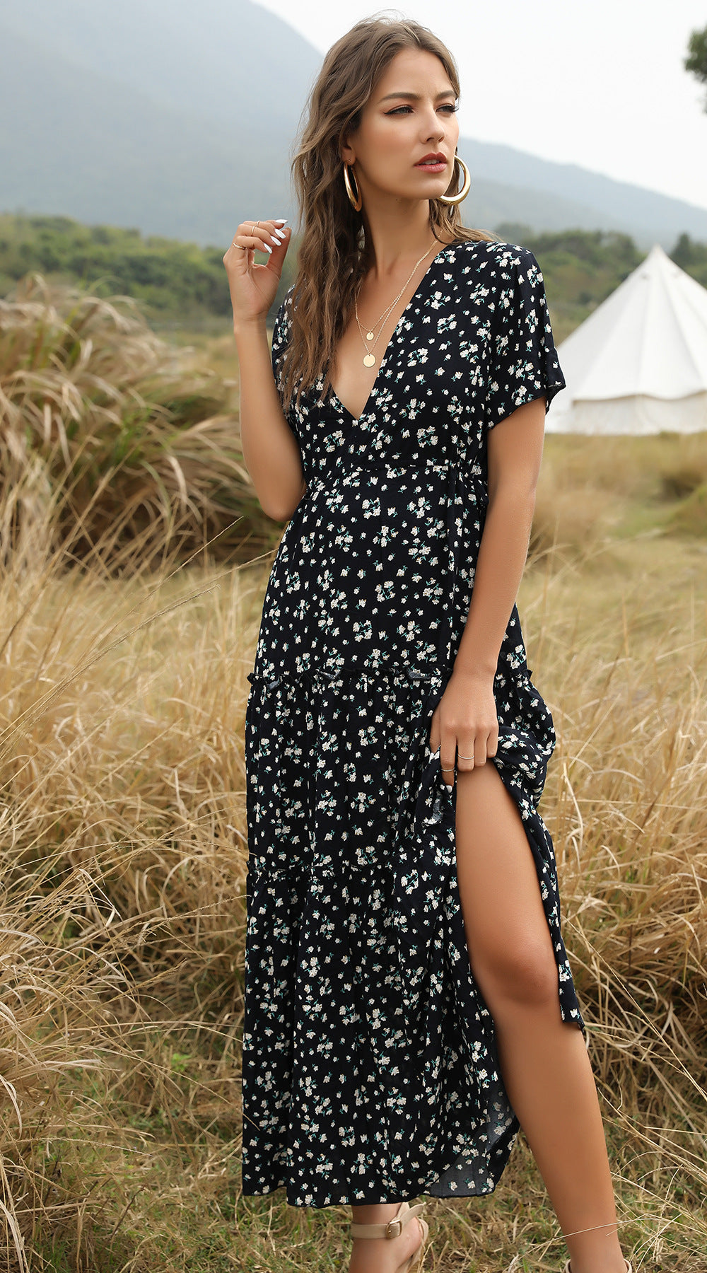 GR | Summer Floral Pattern Ruffled Boho Maxi Dress