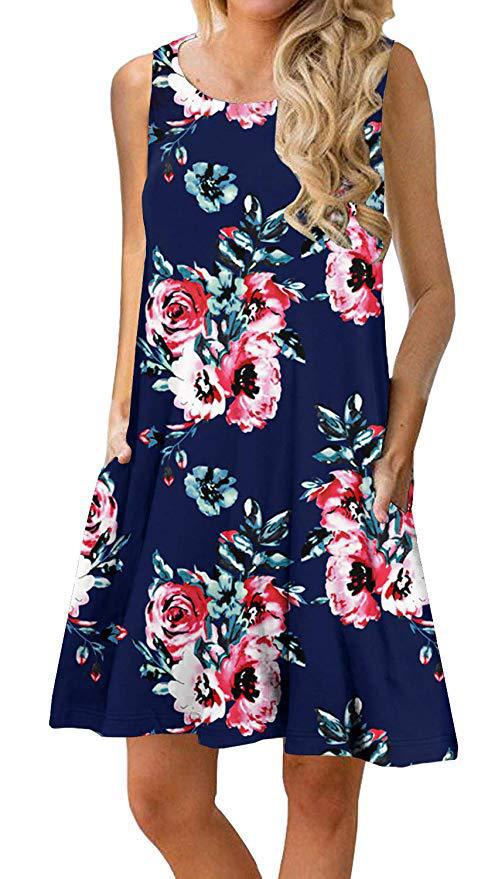 Women's sleeveless floral mini dress with practical side pockets, size