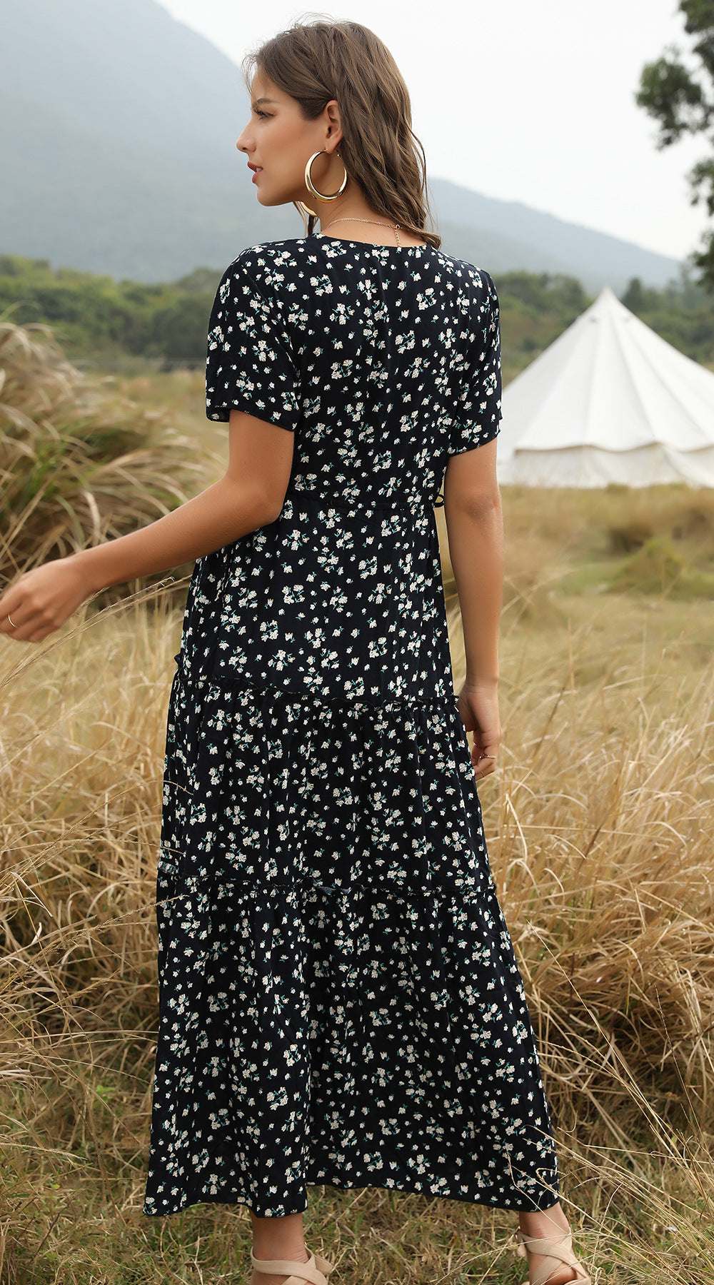GR | Summer Floral Pattern Ruffled Boho Maxi Dress