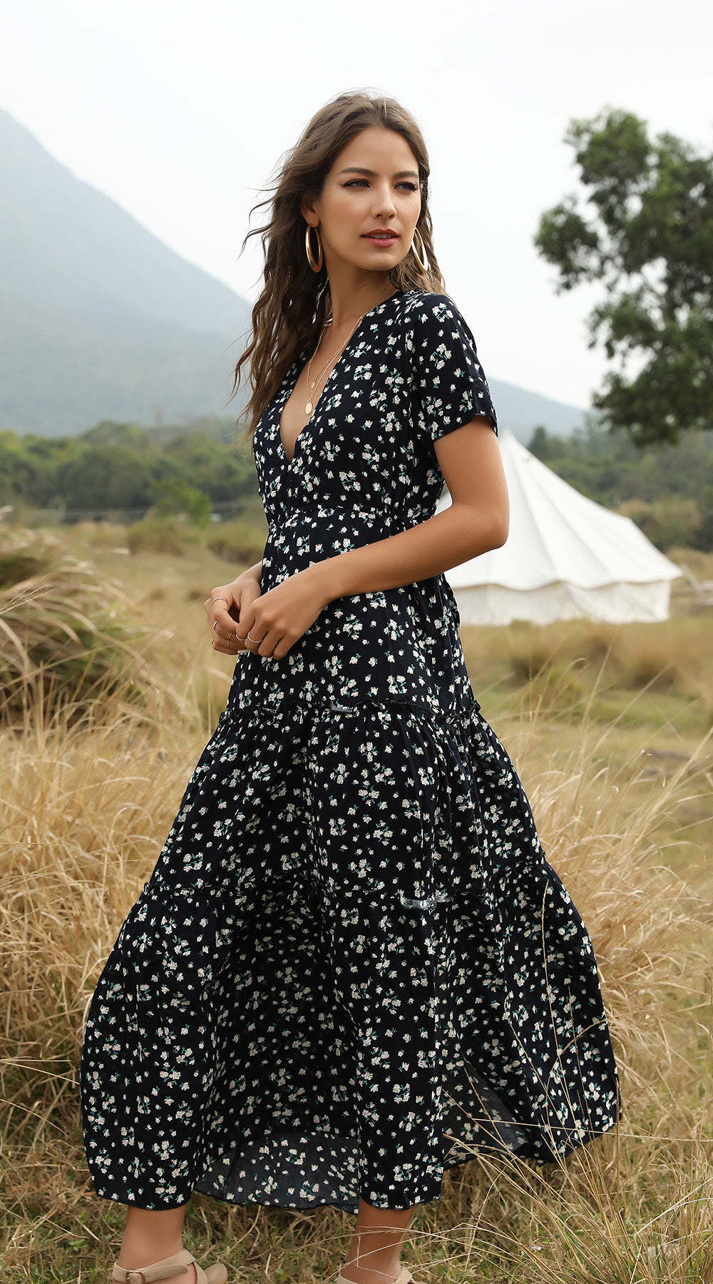 GR | Summer Floral Pattern Ruffled Boho Maxi Dress