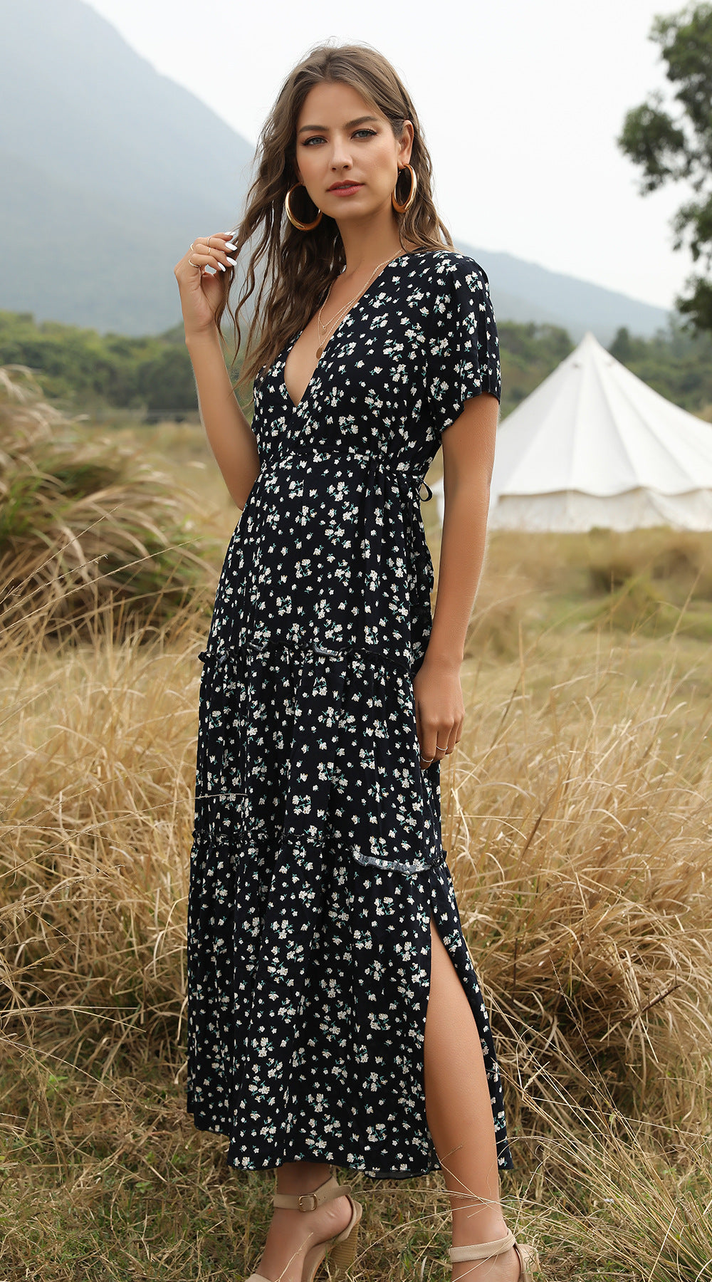 GR | Summer Floral Pattern Ruffled Boho Maxi Dress