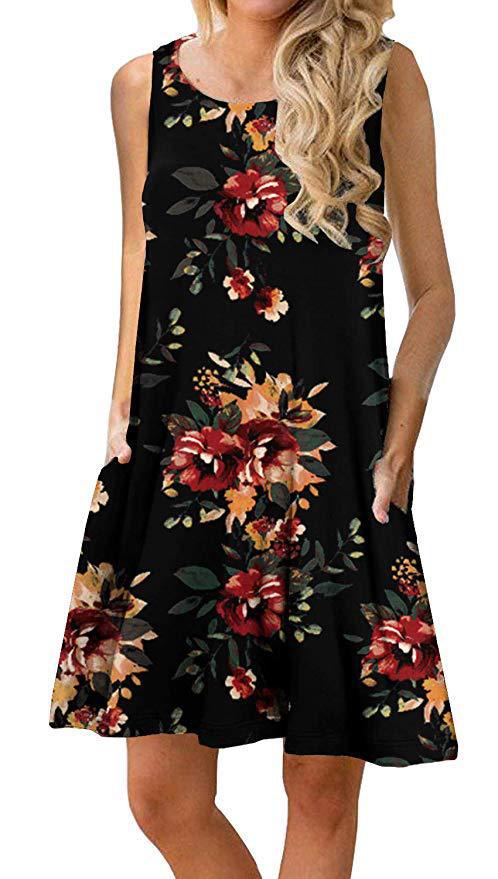 Women's sleeveless floral mini dress with practical side pockets, size